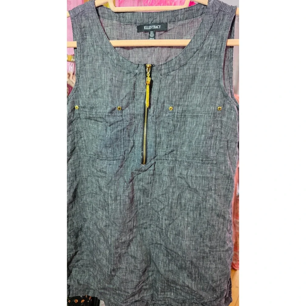 Ellen Tracy Women Gray 100% Linen Sleeveless Half Zip Blouse Top Medium